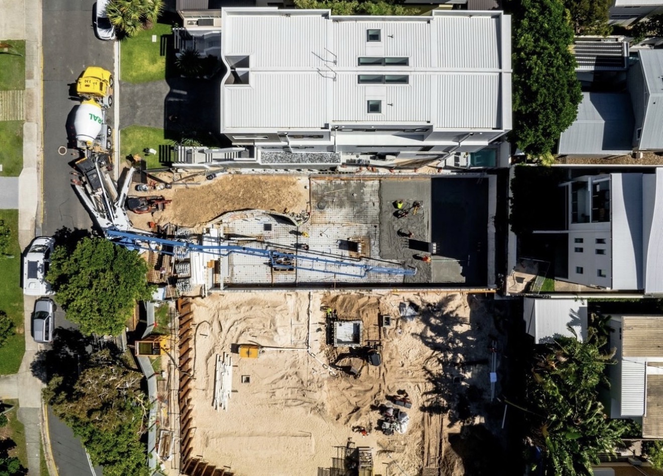 Aerial view of residential concrete pumping