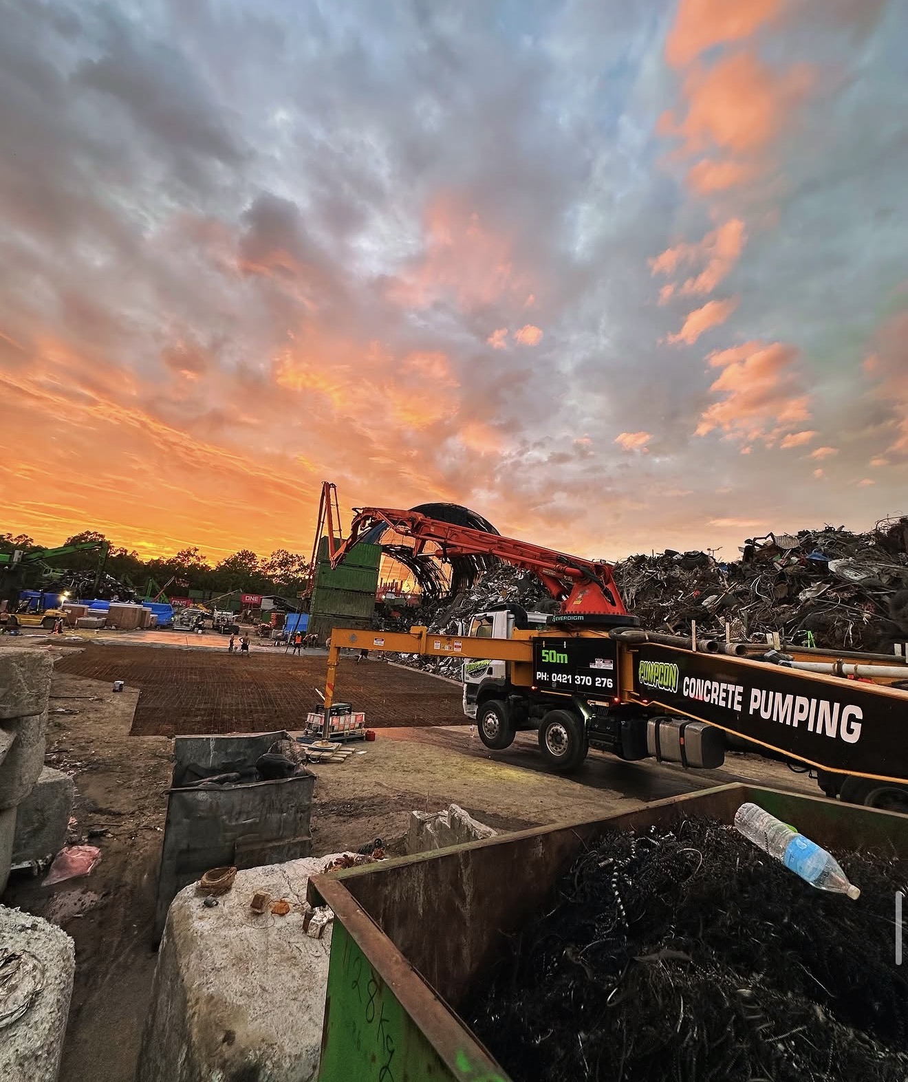 Pumpcon truck at sunset with dramatic sky