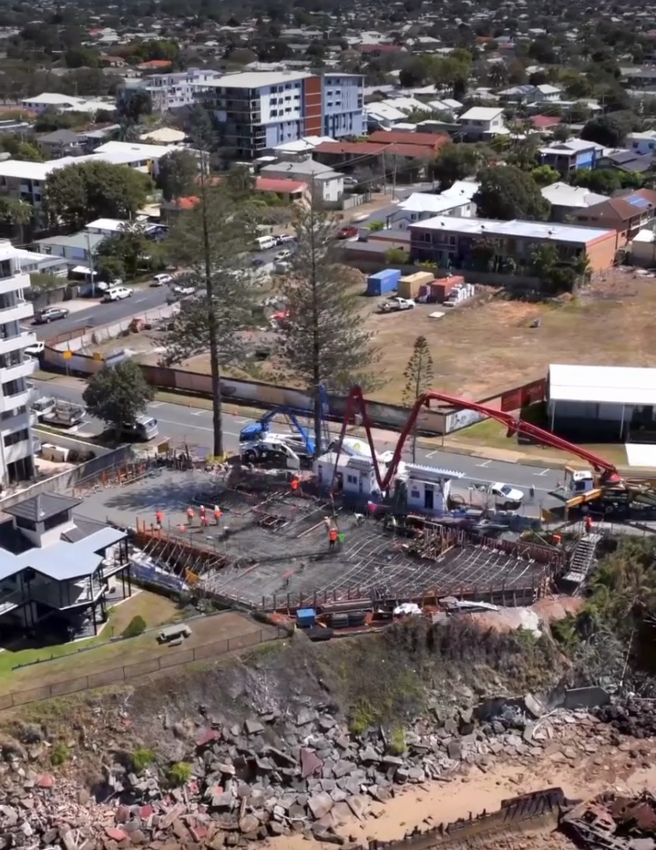 Aerial view of coastal construction pour